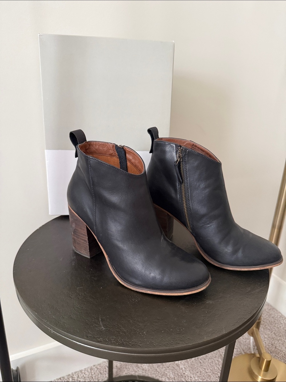 Nordstrom Black Leather Ankle Booties with Brown Stacked Heel